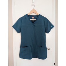 Dickies Dark Teal Womens V-Neck Rib Knit Panel Scrub Top Sz S Healthcare Medical