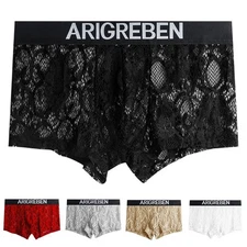 Sheer Lace Low Rise Men Boxer Shorts Breathable Trunks Bulge Pouch Design