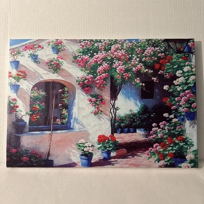 Floral Courtyard Canvas Print Colorful Bougainvillea Garden Scene 19x13