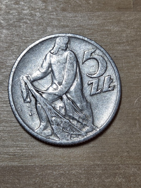 Poland 5 Zlotys coin, 1959. Y# 47, aluminum. Fisherman with net. White Eagle.