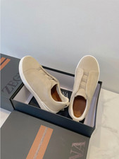 Zegna Triple Stitch Leather Sneakers, Slip-On, Size EU 42 US 9 