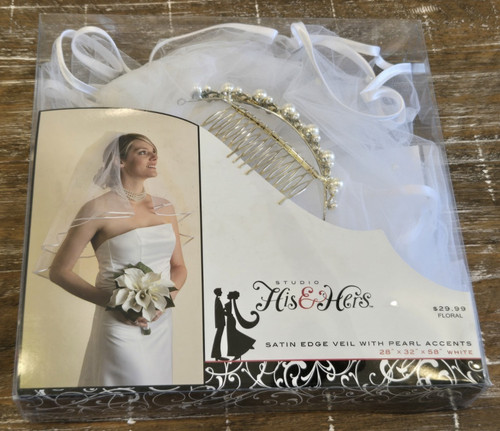 Studio His & Hers White Satin Edge Bridal Veil - Pearl Accents + Pearl Hair Comb