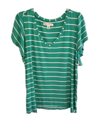French Laundry Shirt Woman's 1X Flutter Sleeve Green White Stripe Stretch Tee 