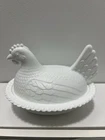 Vintage Indiana Glass White Milk Glass Hen On Nest Candy Dish 7"L