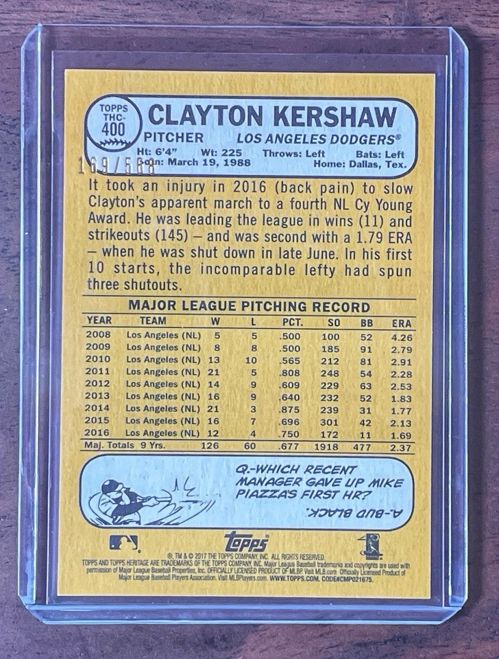 2017 Topps Heritage Chrome Refractor Clayton Kershaw # /568 Dodgers - Image 2 of 2