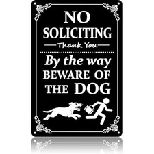 Funny No Soliciting  Beware of Dog Metal Sign for Front Door - 8x12 IN