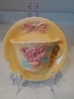 Vintage Hull Pottery USA 80 Sunglow Tea Cup Wall Pocket Yellow Pink Pansies