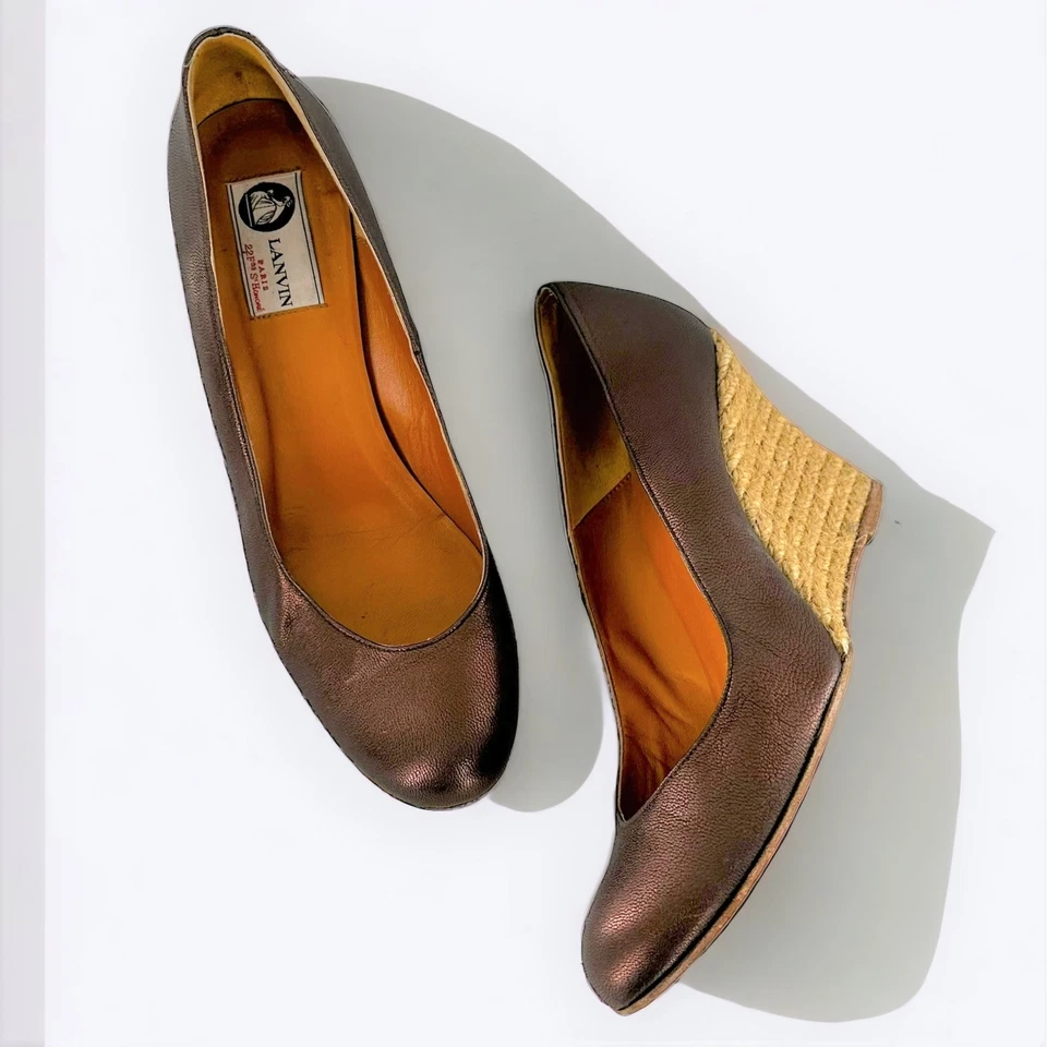 LANVIN Bronze Metallic Brown Leather Espadrille Wedge Heels Size 39 - Image 2 of 4