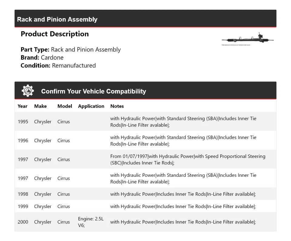 Conjunto de piñón y cremallera para Chrysler Cirrus 1995-2000 Cardone 1996 1997 1998 Foto 2 de 4