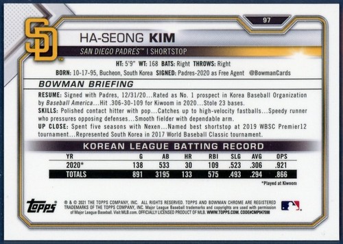 Ha-Seong Kim 2021 Bowman Chrome Fuchsia Refractor #97 RC San Diego Padres #d/299 - Picture 2 of 2