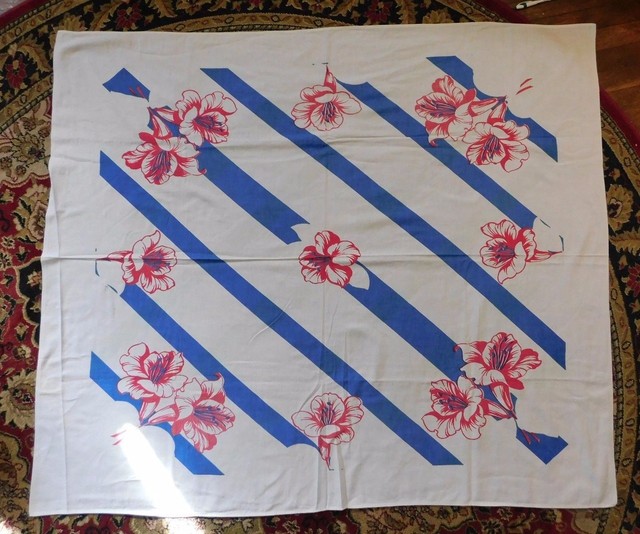 VINTAGE 1940's COLORFUL COTTON TABLECLOTH w/ FLOWERS and STRIPES 48 by 56 inches eBay