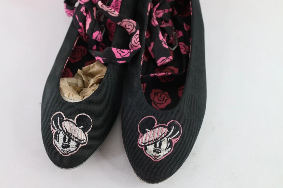 Nuevo de Colección Años 90 Disney Mujeres Talla 7 Tobillo Envoltura Mickey Mouse Ballet Zapatos Planos Negros Foto 2 de 4