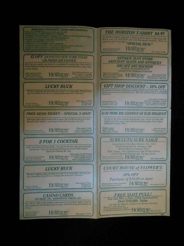13 OBSOLETE CASINO COUPON FUN SHEET HORIZON LAKE TAHOE, NV. LUCKY BUCK, KENO+++ 