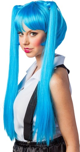 Manga Perücke mit langen Zöpfen Blau Karneval Fasching Cosplay Party Anime - Bild 2 von 3