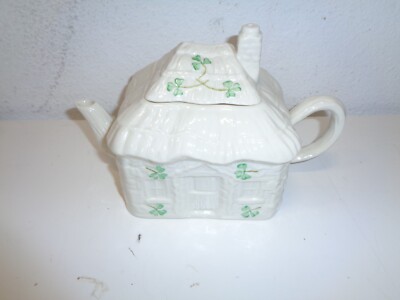 Belleek Shamrock Irish Cottage Collector Tea Pot W/lid Square Vintage
