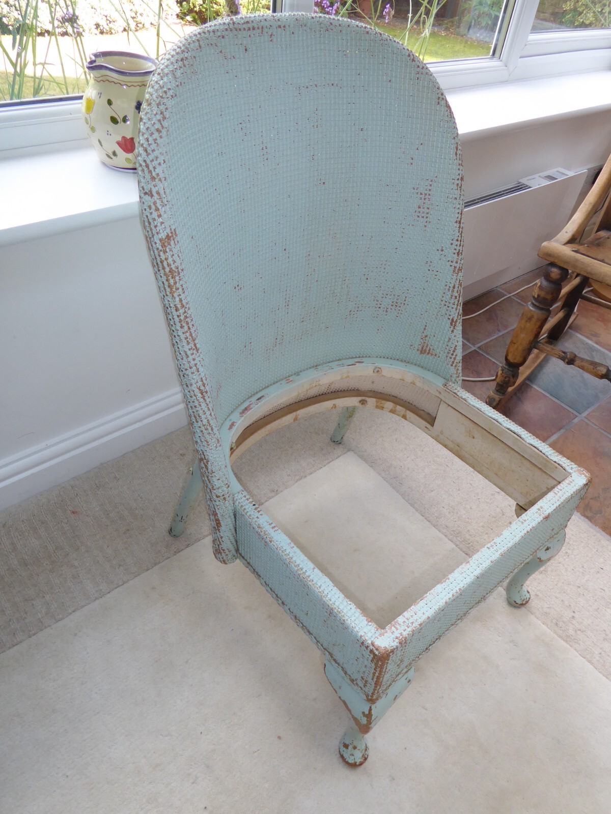 Vintage Lloyd Loom style wicker chair, blue, sprung seat, project to re
