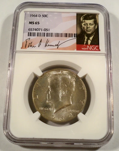 1964-D NGC MS65 SILVER KENNEDY HALF DOLLAR GOLD & BLUE TONE 50c MS 65