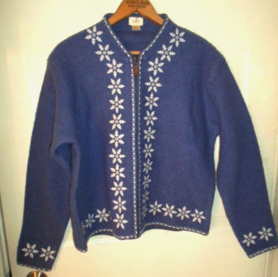 ALPS Sz M Full Zip Cardigan Sweater Jacket 100% Wool Purple/White Embroider