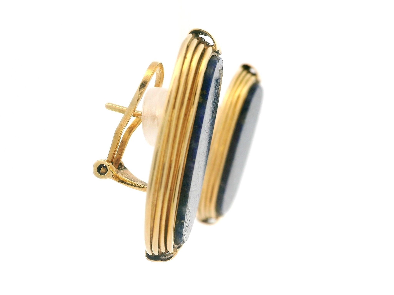 European Yellow Gold Inlaid Lapis Handmade Wire Work Large Omega Earrings image 5
