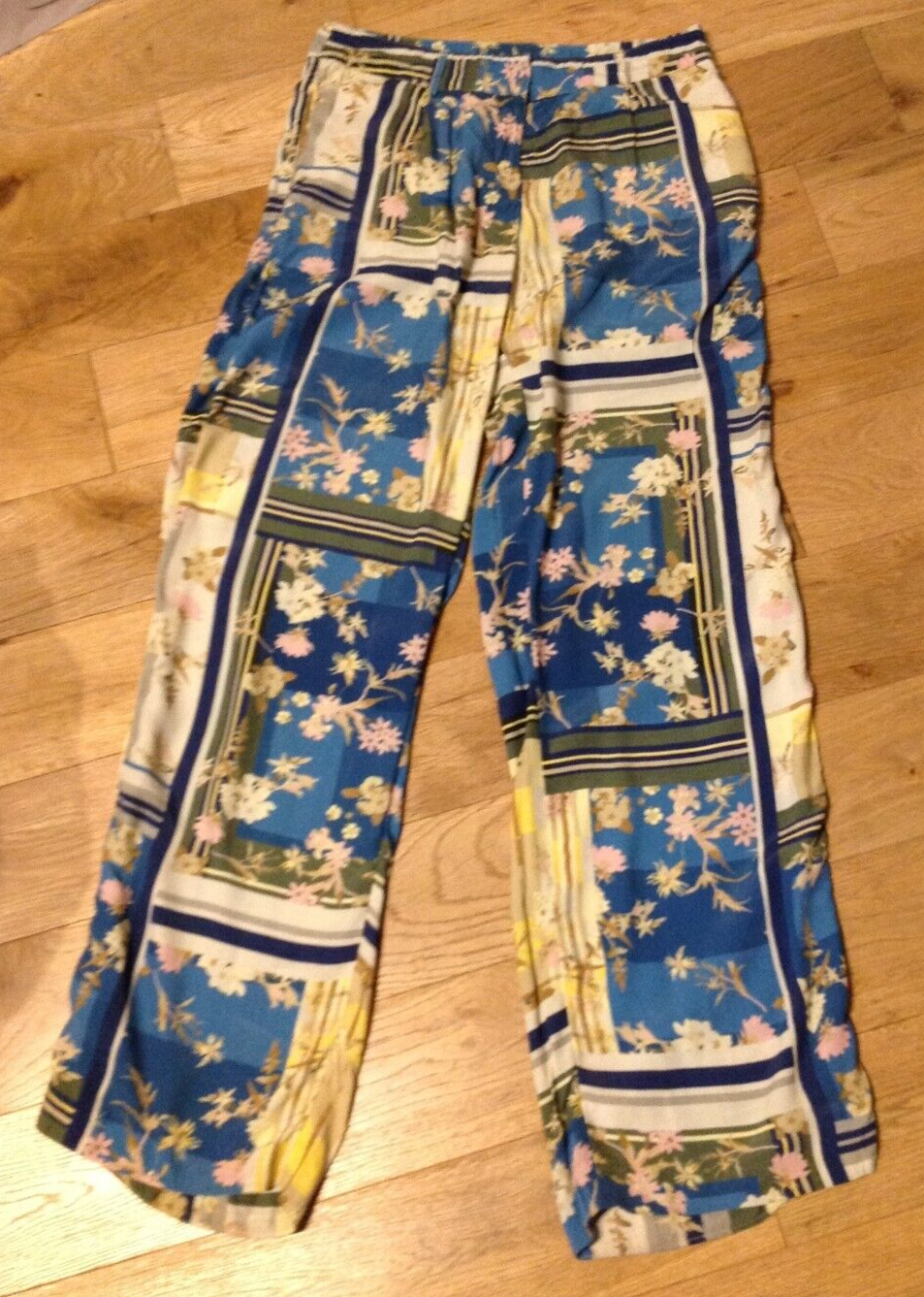 Monsoon Lightweight Floral Check Print Viscose Trousers Pants Size 8 Uk Multi