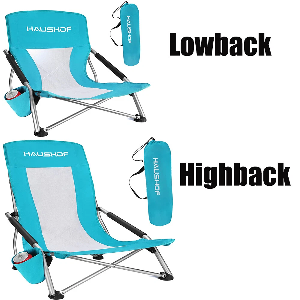 HAUSHOF Beach Chair Mesh Back Folding Camping Chair Cup Holder Highback Lowback