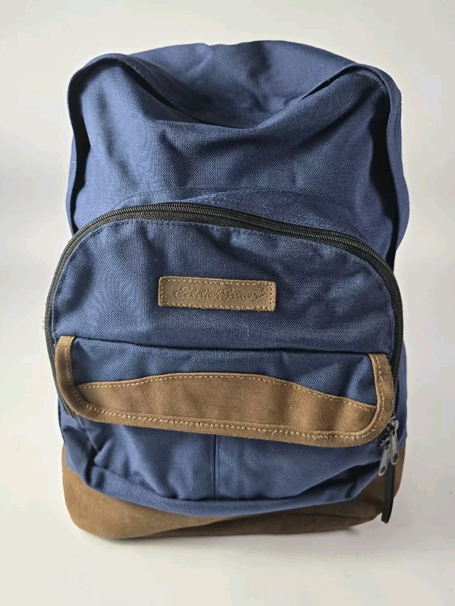 VTG Eddie Bauer Leather Bottom Canvas Backpack Blue Rucksack