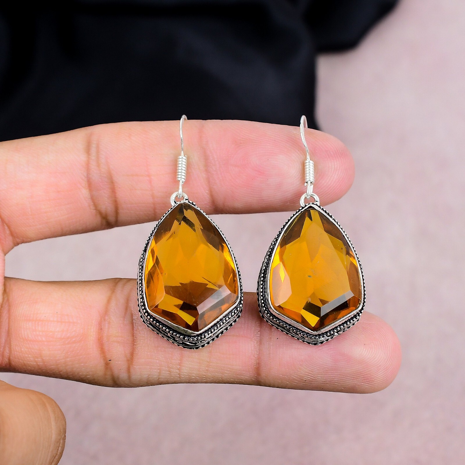Yellow Citrine Gemstone 925 Sterling Silver Handmade Jewelry Earrings Women Gift