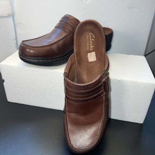 Clarks Bendable brown leather slip on mule/clog Women’s Sz 9 - Picture 2 of 14