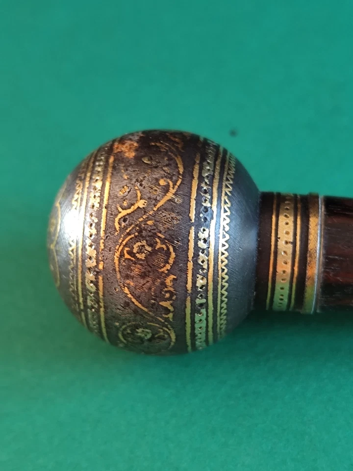 Pommeau de Canne ou Ombrelle - Ancien - Acier damassé, doré - Photo 4/4