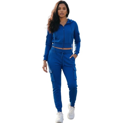 Access Women's 2 Piece Cargo Tracksuit Cropped Zip Hoodie Jogger Pants Set