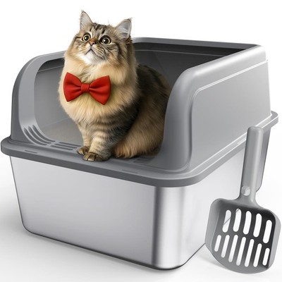 Stainless Steel Cat Litter Box, Metal Kitty Litter Box with Scoop, Anti-Leaka...