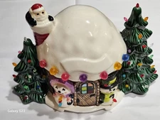 Vintage Light Up  Ceramic Christmas House w/ Santa on Chimney