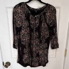 Lucky Brand Women's Black Beige Floral Round Neck 3/4 Sleeve Tunic Blouse 1X
