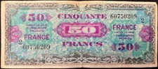 1944 France 50 Francs Allied Military Currency/Autograph/Dated/Soldier XF