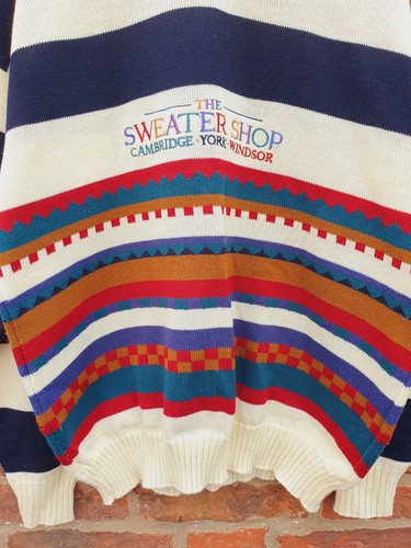 Vintage 80's Sweater Shop Jumper Striped Logo Embroidered Cream Multi - Picture 4 of 21