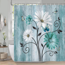 Rustic Floral Shower Curtain, Teal White Daisy Flower Butterfly Wooden Farmhouse