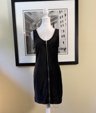 Black Ribbed Zip Front Mini Dress Womens M Sleeveless Bodycon Y2K Grunge
