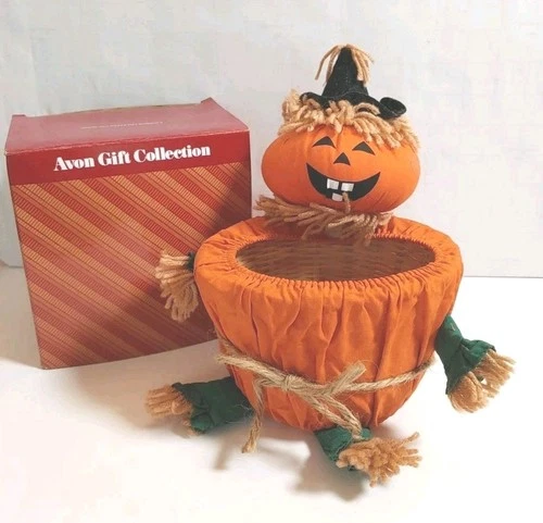 Vtg AVON PUMPKIN SCARECROW 9" COVERED BASKET Bowl Decor Jack-OLantern Halloween