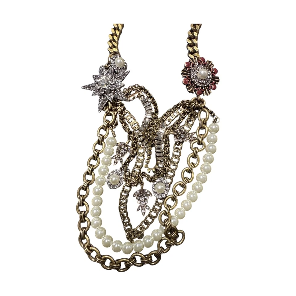 VINTAGE CHLOE & ISABEL Antique Gold Crystal & Pearl Bib Statement Necklace CI572 - Image 3 of 4