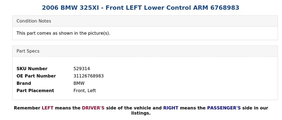 BMW 325XI 2006 - brazo de control inferior delantero izquierdo 6768983 Foto 3 de 4