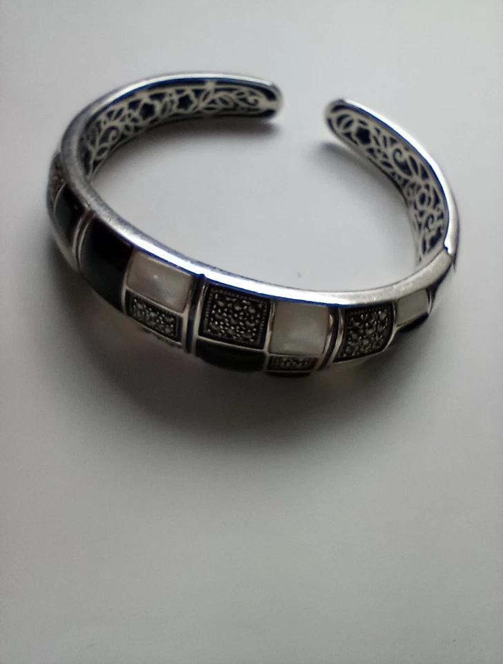 Hermoso Brazalete Abolone de Ónix Negro y Marcosite Plata de Ley 925 7-8 Pulgadas Foto 4 de 4