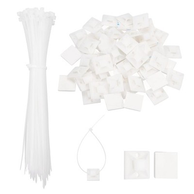 100 Sets 6 Inch White Cable Zip Tie with Self Adhesive Mount Base Holders