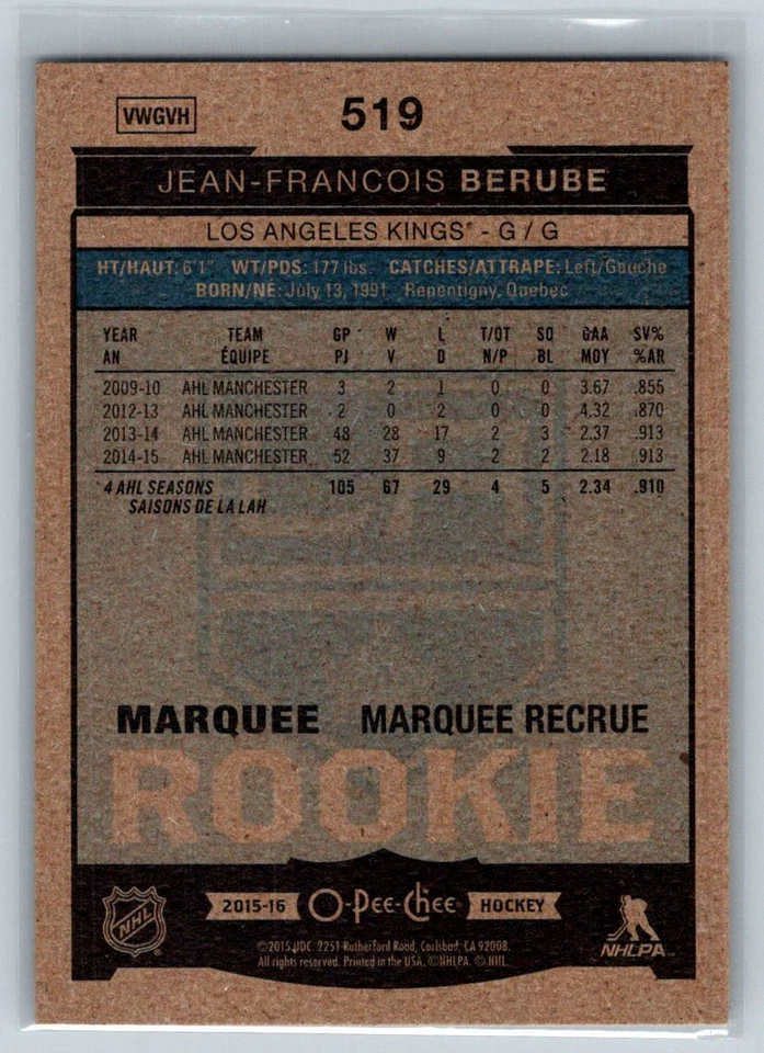 2015 O-Pee-Chee #519 Jean-Francois Berube Los Angeles Kings Rookie RC - Image 2 of 2