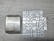 Vintage Tom Smith Miniature Metal Dominoes Travel Set with Metal Case