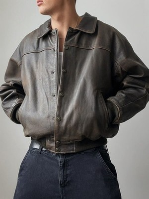 RARE Oversized Vintage Distressed Brown Leather Bomber Jacket