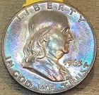 Beautifully Toned 1963-D Franklin Half Dollar  90% Silver Coin. Electric Colors!