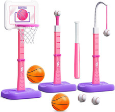 3 in 1 Kids Basketball Hoop and T Ball Set, Adjustable Height Toddler Basketball