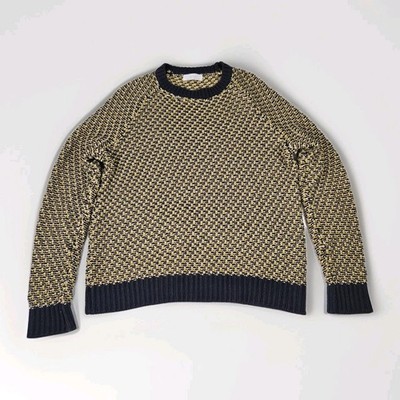 Oak + Fort Knit Crewneck Pullover Sweater Medium Yellow Grey Fisherman Preppy 