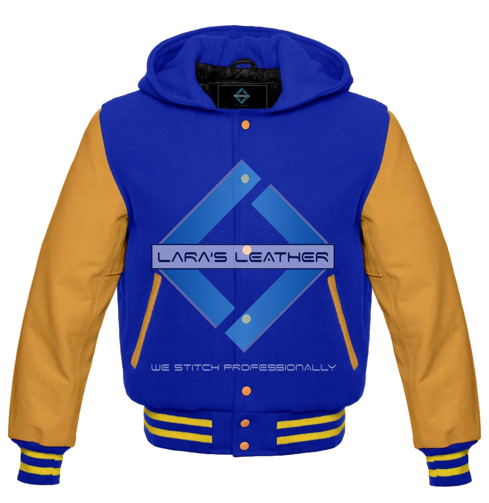 American Varsity College jacket with Hood & Yellow Gold Real Leather Sleeves