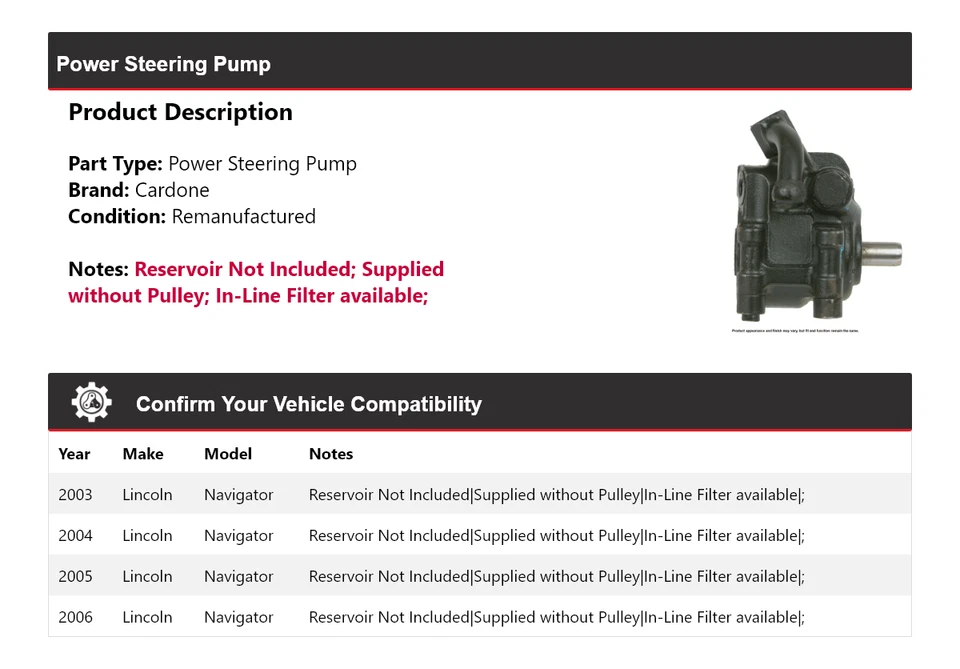For 2003-2006 Lincoln Navigator Power Steering Pump Cardone 2004 2005 - Image 2 of 4